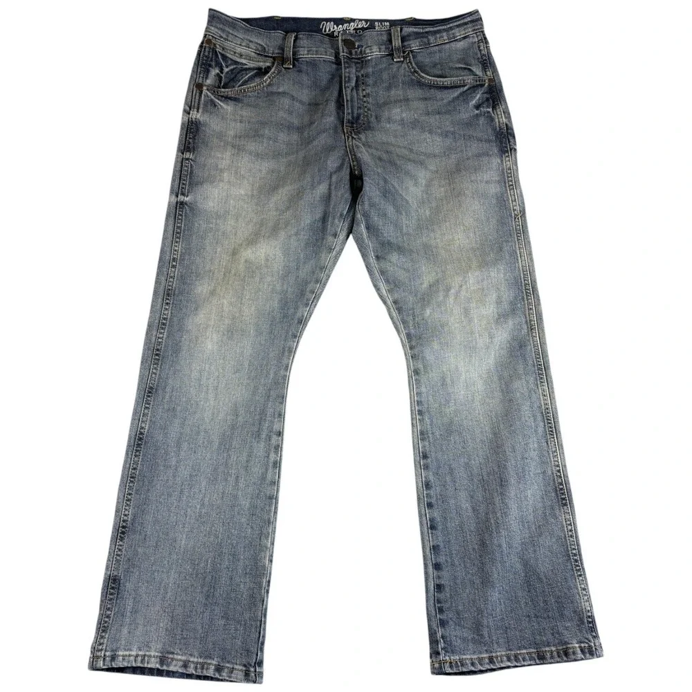 Wrangler Retro Slim Bootcut Jeans Mens 34x30 Blue Washed Faded Rugged 1077MWZGL